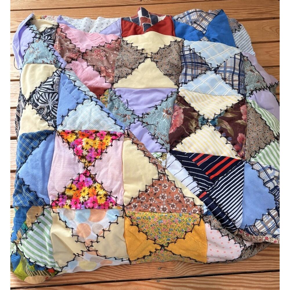 Vintage Handmade Patchwork Quilt Size 96x100 Multicolor M11 - Picture 6 of 7